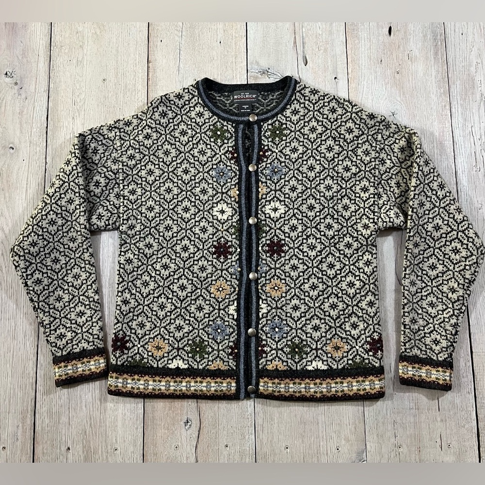 Woolrich Wool Button Up Long Sleeve Nordic Sweater Cardigan Floral Gray Size M